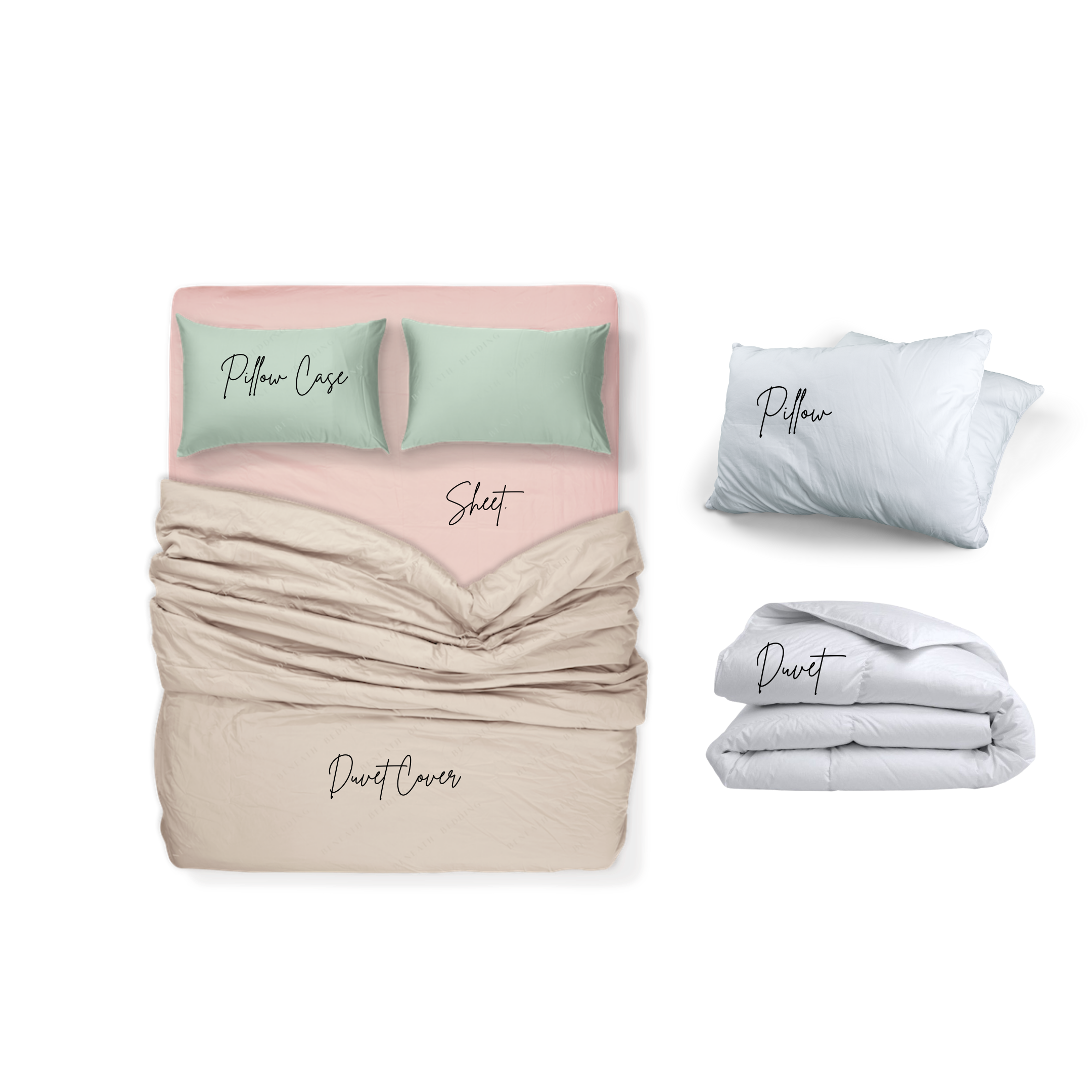 ชุดผ้าปูที่นอนสีชมพูอ่อน ผ้าห่มสีทราย หมอนสีเขียวพาสเทล พร้อมหมอน และผ้านวมสีขาว