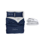 ชุดผ้าปูที่นอนสีน้ำเงิน ผ้าปูสีขาว พร้อมผ้านวมสีขาว